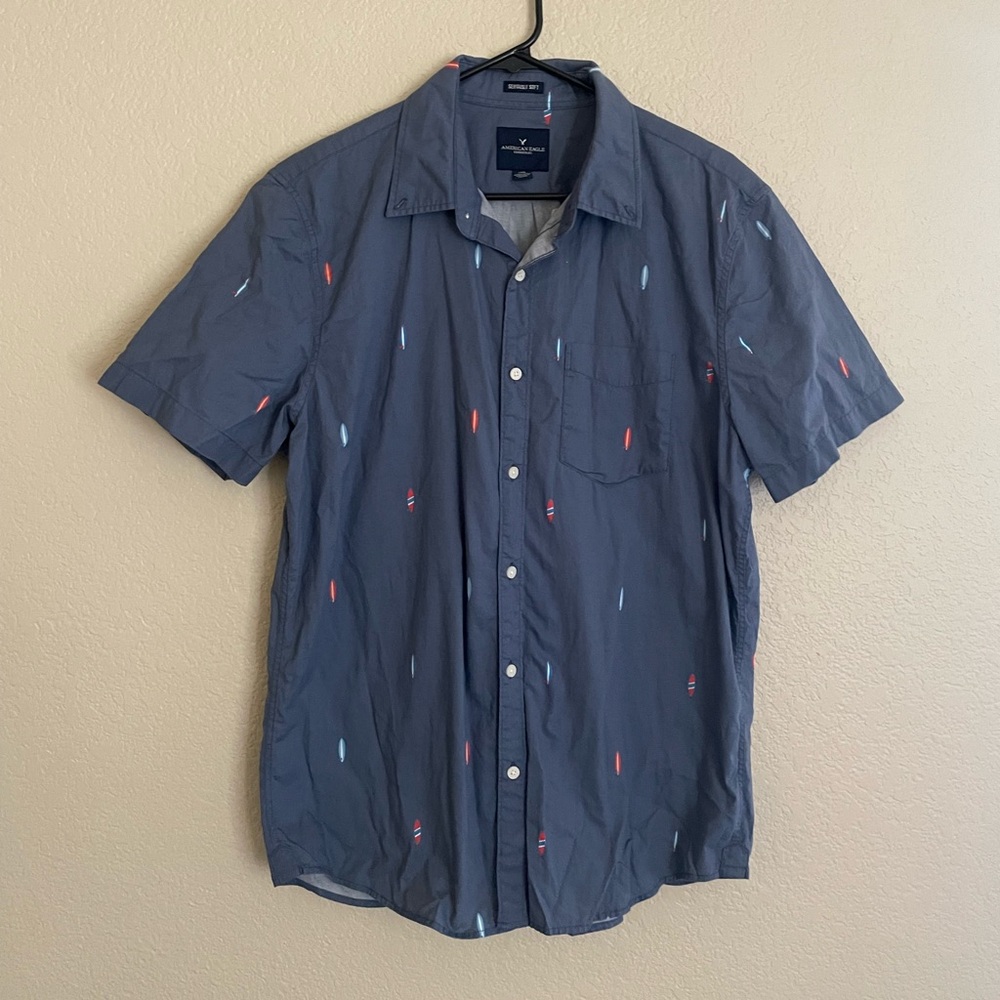 Men’s American Eagle Button Up - Blue with Surfboards